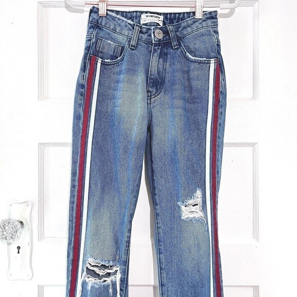 One X One Teaspoon Jeans Women 23 Blue Tuxedo Stripes Distressed Straight Grunge - Picture 4 of 10
